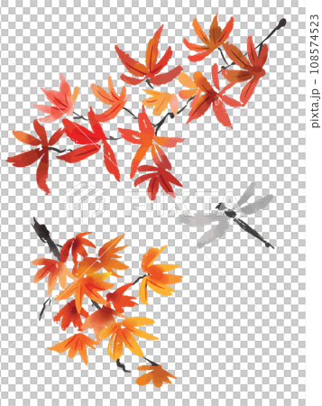 水墨画風の紅葉とトンボのイラストのイラスト素材 [108574523