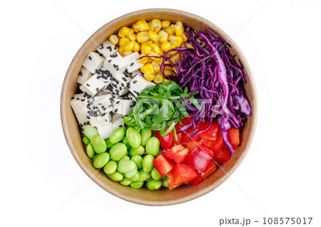 Bowl of tofu and quinoa, bulgur, corn, red cabbage, bell pepper, edamame beans, arugula, black sesame on a white background 1 Bowl of tofu and quinoa, bulgur, corn, red cabbage, bell pepper, edamame beans, arugula, black sesame on a white background 1 108575017