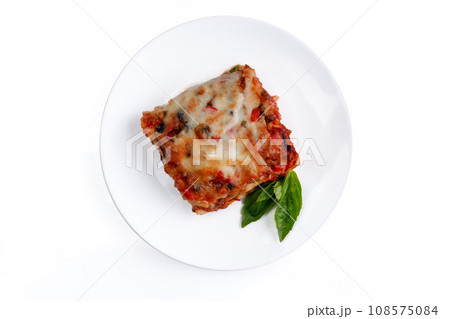 appetizing lasagna on a white background for food delivery site 4 108575084