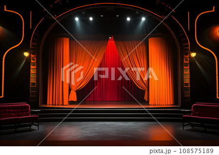 Theater stage light background with spotlight illuminated the stage for opera performance. Stage lighting. Empty stage with bright colors backdrop decoration. Entertainment show. Generative AI. Theater stage light background with spotlight illuminated the stage for opera performance. Stage lighting. Empty stage with bright colors backdrop decoration. Entertainment show. Generative AI. 108575189