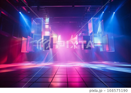 Modern dance stage light background with spotlight illuminated for modern dance production stage. Empty stage with dynamic color washes. Stage lighting art design. Entertainment show. Generative AI. 108575190