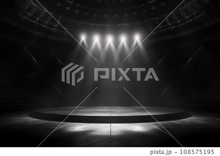 Artistic performances stage light background with spotlight illuminated the stage for contemporary dance. Empty stage with monochromatic colors and lighting design. Entertainment show. Generative AI. Artistic performances stage light background with spotlight illuminated the stage for contemporary dance. Empty stage with monochromatic colors and lighting design. Entertainment show. Generative AI. 108575195