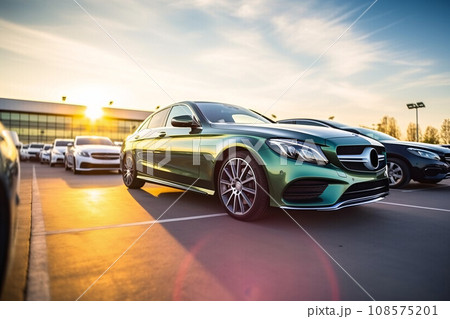 Luxury expensive car parked at outdoor parking lot. Used car for sale and rental service. Car insurance background. Automobile parking area. Car dealership and dealer agent concept. Generative AI. Luxury expensive car parked at outdoor parking lot. Used car for sale and rental service. Car insurance background. Automobile parking area. Car dealership and dealer agent concept. Generative AI. 108575201