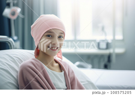 Happy cancer patient. Smiling girl after chemotherapy treatment at hospital oncology department. Leukemia cancer recovery. Cancer survivor. Smiling bald cute girl with a pink headscarf. Generative AI. 108575205