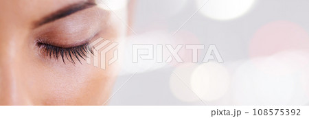 Beauty, banner and eyes of woman with mockup space for advertising, makeup promotion and microblading. Skincare, cosmetics and person with mascara, glamour and luxury eyeshadow on double exposure 108575392