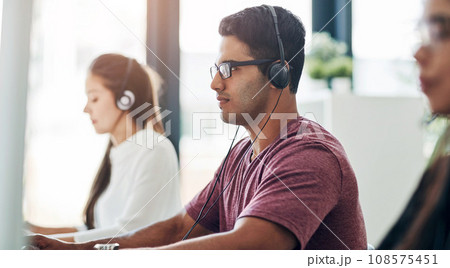 Business people, call center and office for customer service, e commerce support and online chat or communication. Professional consultant, agent or employees on computer for virtual help and contact 108575451