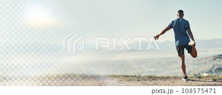 Man, stretching and exercise outdoor on banner or mountain for fitness workout in nature. Back of of male person, runner or athlete in body stretch, warm up or sports health and wellness with mockup 108575471