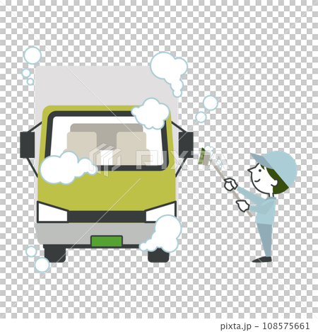 A male truck driver washing his truck with a brush 108575661