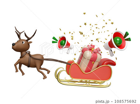 3d reindeer with sleigh, gift box, megaphone or hand speaker, announce promotion news. merry christmas and happy new year, 3d render illustration 3d reindeer with sleigh, gift box, megaphone or hand speaker, announce promotion news. merry christmas and happy new year, 3d render illustration 108575692