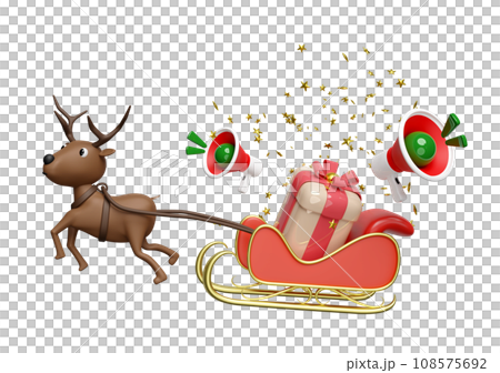 3d reindeer with sleigh, gift box, megaphone or hand speaker, announce promotion news. merry christmas and happy new year, 3d render illustration 3d reindeer with sleigh, gift box, megaphone or hand speaker, announce promotion news. merry christmas and happy new year, 3d render illustration 108575692