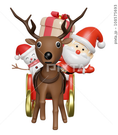 3d reindeer with Santa Claus, snowman, sleigh, gift box. front view, merry christmas and happy new year, 3d render illustration 3d reindeer with Santa Claus, snowman, sleigh, gift box. front view, merry christmas and happy new year, 3d render illustration 108575693