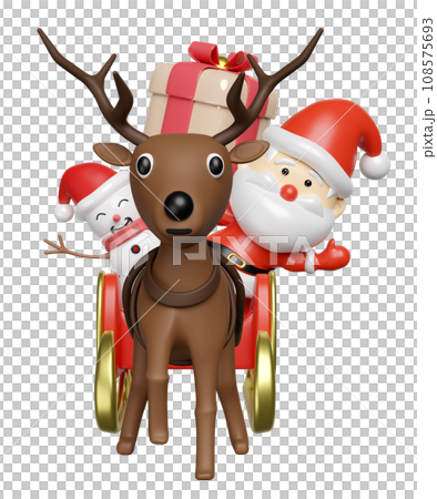 3d reindeer with Santa Claus, snowman, sleigh, gift box. front view, merry christmas and happy new year, 3d render illustration 3d reindeer with Santa Claus, snowman, sleigh, gift box. front view, merry christmas and happy new year, 3d render illustration 108575693
