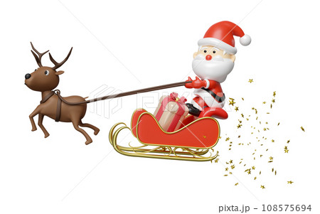 3d reindeer with Santa Claus, sleigh, gift box. merry christmas and happy new year, 3d render illustration 108575694