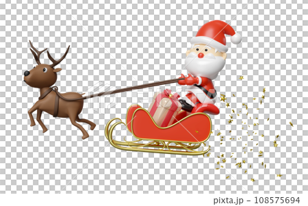 3d reindeer with Santa Claus, sleigh, gift box. merry christmas and happy new year, 3d render illustration 108575694