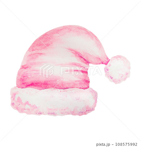 Watercolor Santa Claus pink hat. Christmas accessory. Hand drawn winter illustration, symbol of new year holiday for greeting card, party invitations, posters, greetings, stories, notebooks, stickers 108575992