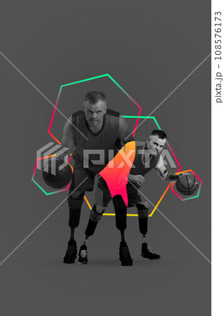 Poster. Contemporary art collage. Modern creative artwork. Young man in monochrome filter dribble ball. Poster. Contemporary art collage. Modern creative artwork. Young man in monochrome filter dribble ball. 108576173