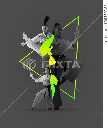 Poster. Contemporary art collage. Modern creative artwork. Professional sportsman, woman in uniform performing kicks. Poster. Contemporary art collage. Modern creative artwork. Professional sportsman, woman in uniform performing kicks. 108576188