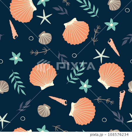 Seamless pattern with seashells, algae and starfish. Vector graphics. 108576234