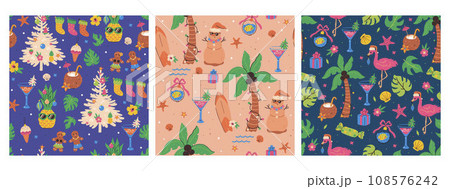 Christmas tropical seamless patterns. Vector graphics. 108576242