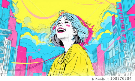 都会で笑う女性のポップなイラスト　AI生成画像 108576284