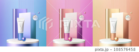 Realistic white cosmetic tubes with pearls on round podium Realistic white cosmetic tubes with pearls on round podium 108576458