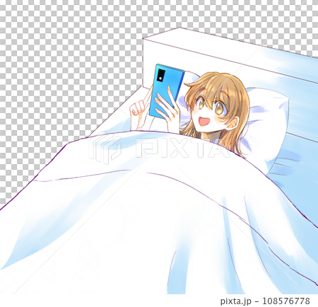 ベッドの中でスマホを見てにやける女性 108576778