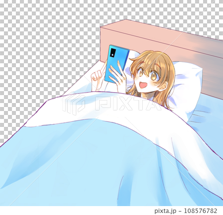 A woman smiling while looking at her smartphone in bed 108576782