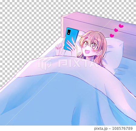ベッドの中でスマホを見てにやける女性　恋 108576789