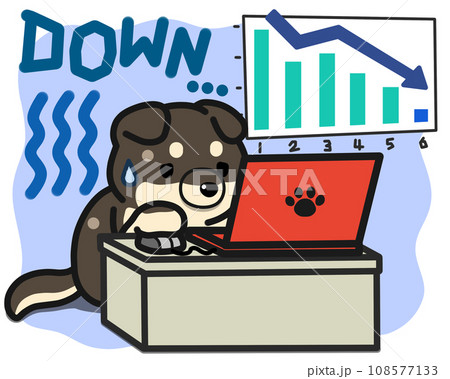 業績ダウンに落ち込む黒柴のデフォルメイラスト 108577133