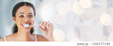 Happy woman, brushing teeth and smile for banner or dental hygiene, morning routine or bokeh. Female person or model cleaning mouth, oral and gum care with toothbrush or double exposure mockup Happy woman, brushing teeth and smile for banner or dental hygiene, morning routine or bokeh. Female person or model cleaning mouth, oral and gum care with toothbrush or double exposure mockup 108577146