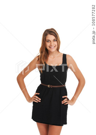 Woman, smile or hands hip pose studio for fashion outfit advertising, branding promotion or beauty magazine promo. female model person, portrait or happy emoji face, runway or clothes style confident Woman, smile or hands hip pose studio for fashion outfit advertising, branding promotion or beauty magazine promo. female model person, portrait or happy emoji face, runway or clothes style confident 108577282