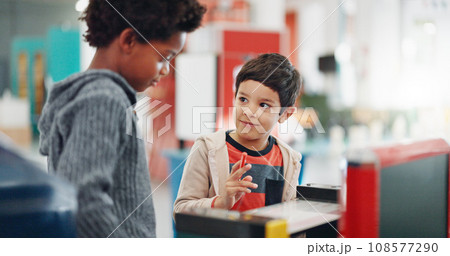 Young students, classroom and science equipment for education, experiment and learning with toys. Boy, academy and collaboration at problem solving with discussion, school and listening to knowledge 108577290