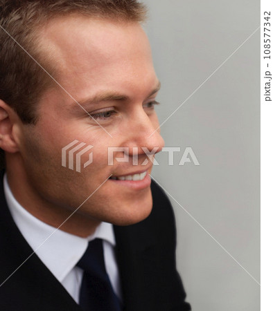 Business man, closeup and smile in profile with thinking, vision and suit for corporate legal knowledge. Happy attorney, advocate and lawyer with idea, decision or choice with solution for compliance 108577342