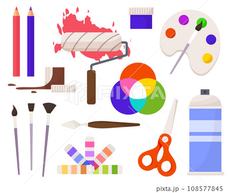 Set of art making tools including brushes, pallets, palettes, easel and canvas flat design illustration, in the style of colorful figures, wood sculptor, impressionist colorism. Artists tools set Set of art making tools including brushes, pallets, palettes, easel and canvas flat design illustration, in the style of colorful figures, wood sculptor, impressionist colorism. Artists tools set 108577845