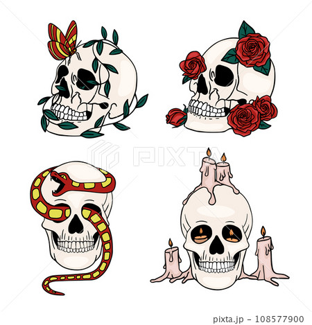 Skull set design. Bright Magic Psychedelic Mushrooms and skulls. Tattoo template of skull with flowers and snake 108577900