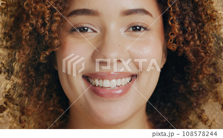 Portrait, closeup and woman for skincare in studio, mockup and brown background for beauty. Female model, face and smile in happiness with results for dermatology of treatment, facial or cosmetic Portrait, closeup and woman for skincare in studio, mockup and brown background for beauty. Female model, face and smile in happiness with results for dermatology of treatment, facial or cosmetic 108578244