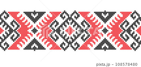 Ukrainian embroidery pattern for textile, fabric, cloth. Vector seamless pattern, print. Ukrainian folk embroidery, ethnic ornament. Pixel art, vyshyvanka, cross stitch 108578480