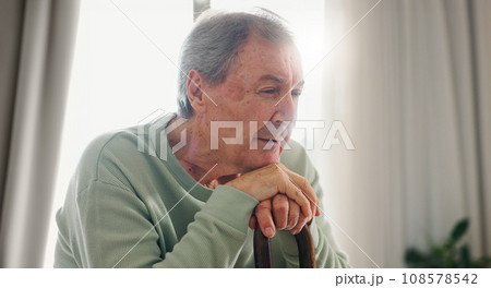 Old man, thinking and walking stick, person with disability and remember with reflection at home. Senior care, cane to help with balance and support, Parkinson or arthritis with nostalgia and memory Old man, thinking and walking stick, person with disability and remember with reflection at home. Senior care, cane to help with balance and support, Parkinson or arthritis with nostalgia and memory 108578542