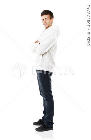 Portrait, man and smile with arms crossed in studio with casual fashion, jacket and jeans for style on white background. Happy young guy with confidence, good mood and positive attitude from Russia Portrait, man and smile with arms crossed in studio with casual fashion, jacket and jeans for style on white background. Happy young guy with confidence, good mood and positive attitude from Russia 108578741