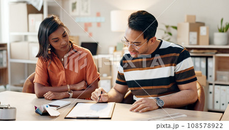 Small business, checklist and people with logistics and planning an order, schedule or calendar. Workplace, paperwork and employees in discussion with stock, inventory or shipping distribution Small business, checklist and people with logistics and planning an order, schedule or calendar. Workplace, paperwork and employees in discussion with stock, inventory or shipping distribution 108578922