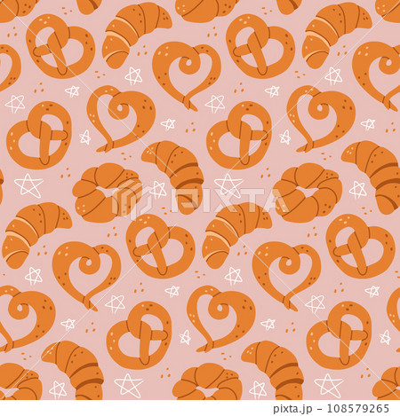 Puffy pastries flat seamless pattern with stars. Vector hand drawn food i minimalistic style. Modern childish pattern design for textile, decoration, wrapping paper 108579265