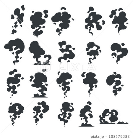 Cartoon smoke clouds. Comic smoke flows, dust, smog and smoke steaming cloud silhouettes. Smell clouds. Smoke from vapour or food toxic smell 108579388
