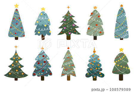 Collection of Christmas trees. New Years and xmas traditional symbol tree with garlands, light bulb, star. 108579389