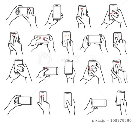 Simple illustration of a hand operating a smartphone. Actions to operate a phone icons. Vector illustration EPS10 108579390