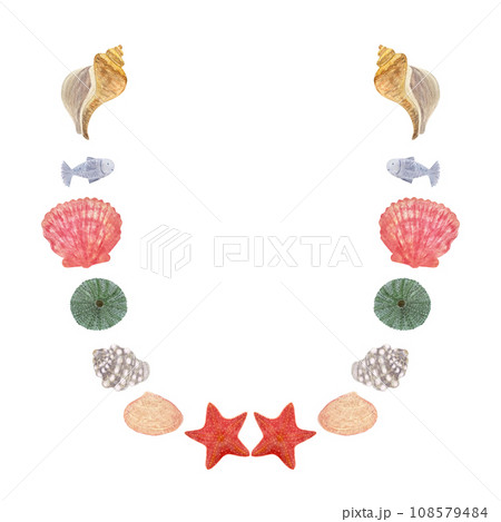 Watercolor fun sea life frame isolated on white 108579484