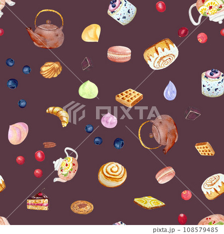 Watercolor teapot and desserts pattern on dark background 108579485