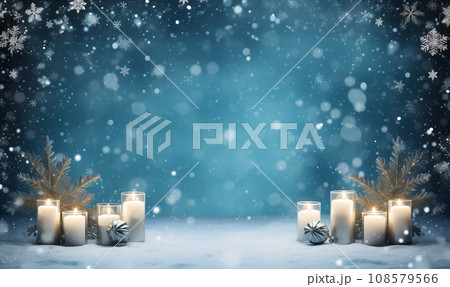 AI-generated content. Empty blue template with set of candles outdoor with snowing for text 108579566