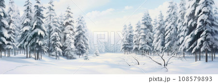 dense evergreen forest blanketed in fresh snow, with varying shades of green, gray, and white. 108579893