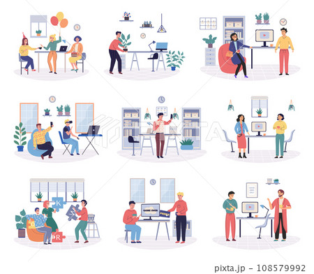 Office playing vector illustration. Playful actions and activities in office c boost creativity and encourage innovative thinking Fooling around in workplace c be way to relieve stress and promote 108579992