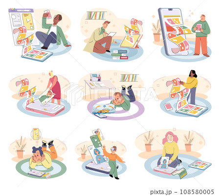 Kids with phone. Vector illustration. Parents are concerned about kids addiction to their phones and its impact on their well being Mobile devices, such as smartphones, have become constant companions Kids with phone. Vector illustration. Parents are concerned about kids addiction to their phones and its impact on their well being Mobile devices, such as smartphones, have become constant companions 108580005